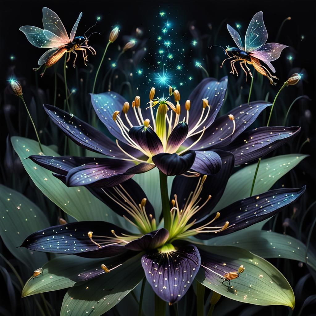 Black Lily with Fireflies and Fairy: Whimsical Surrealism