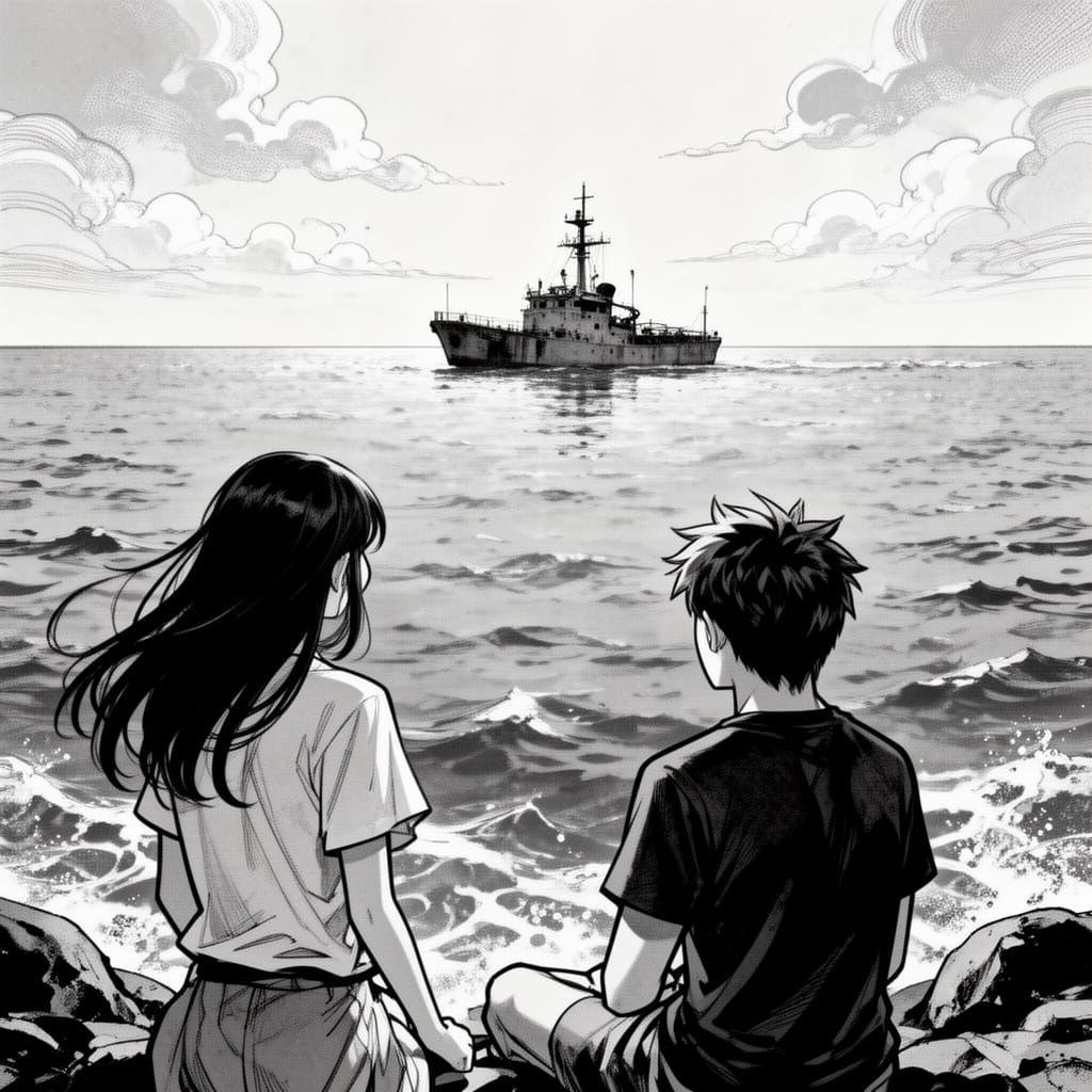 Manga Style Duo Observe Ship at Sea