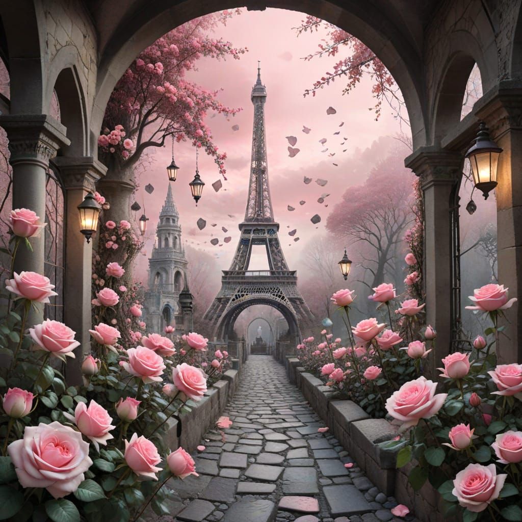 Eiffel Tower Collage with Roses and Cobblestones