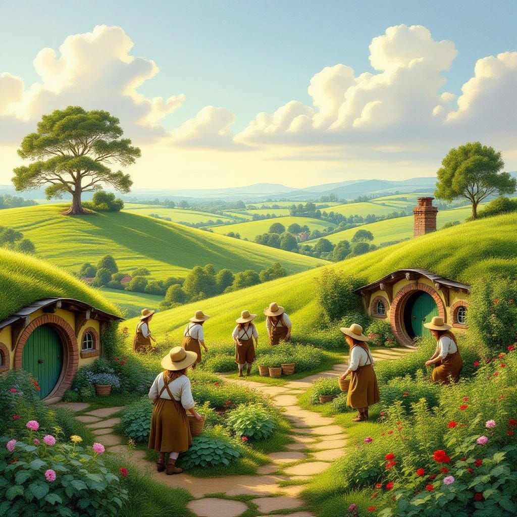 Hobbits in Whimsical Shire Landscape