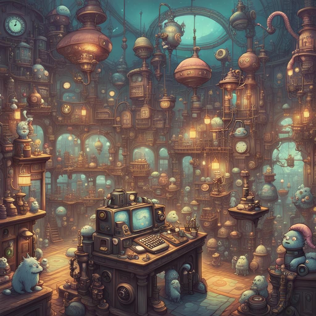 Steampunk Monster Call Center in Ghibli Style