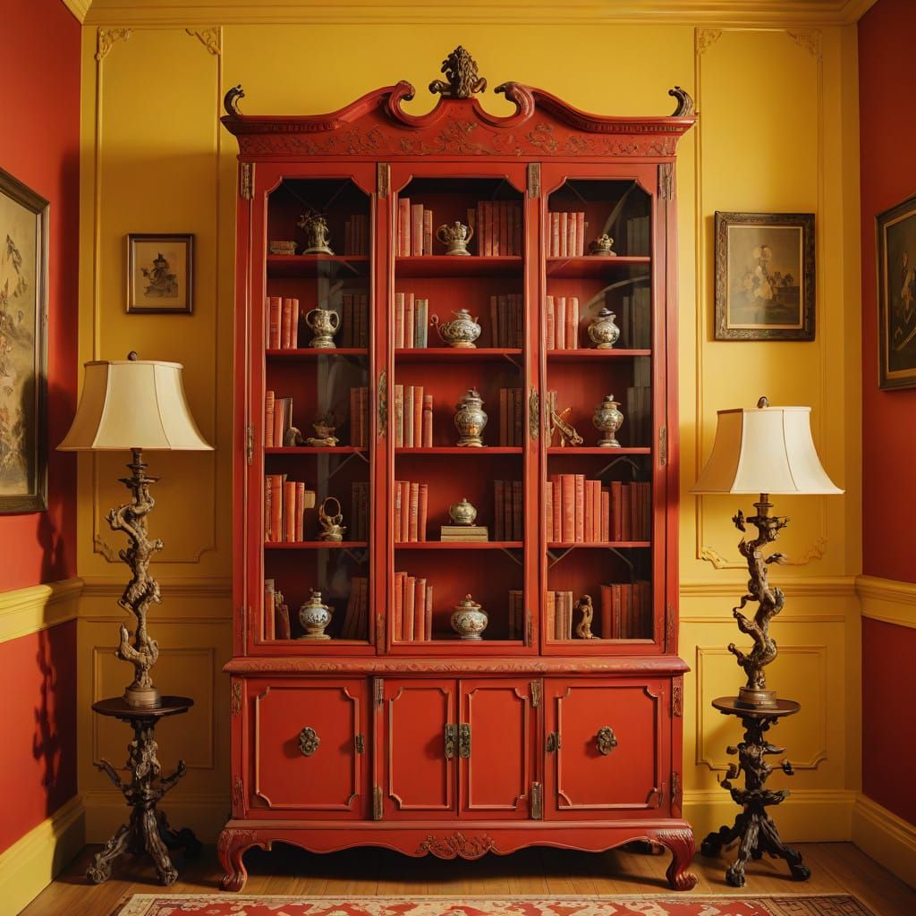 Elegant Chinoiserie Chippendale Bookcase in Golden Atmospher...