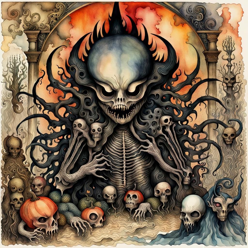 Dark Elegance: Multi-Armed Creature in Watercolor