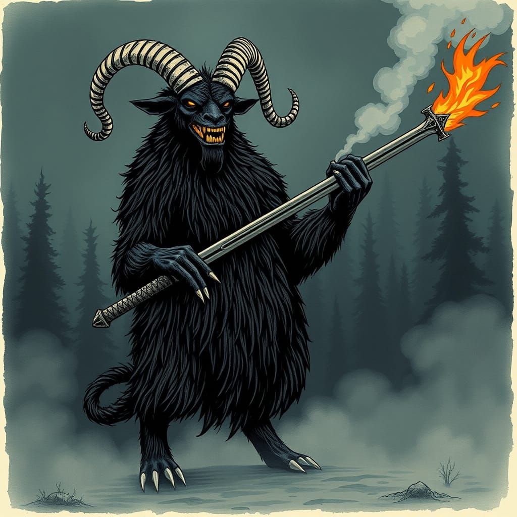 Dark Gothic Horror Weregoat Emerges from Fog