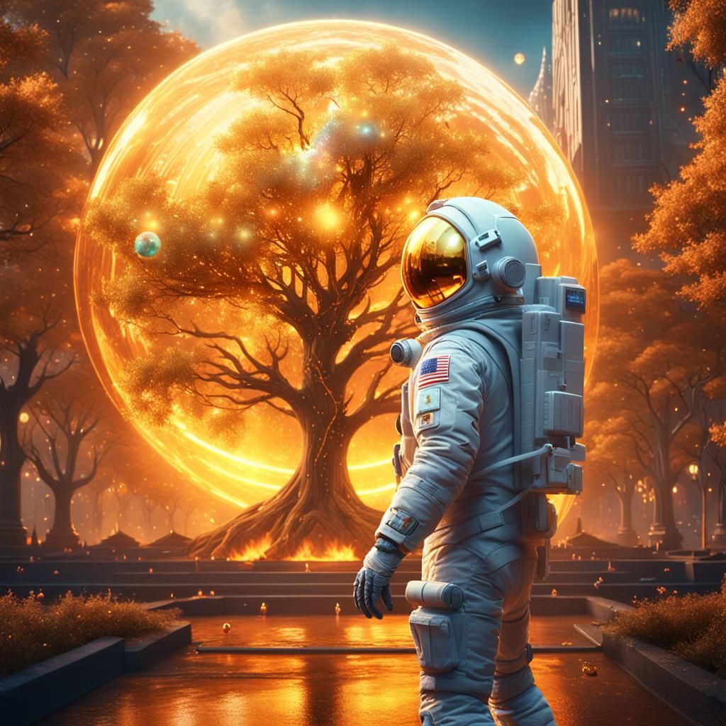 Astronaut with Golden Tree in Glass Orb