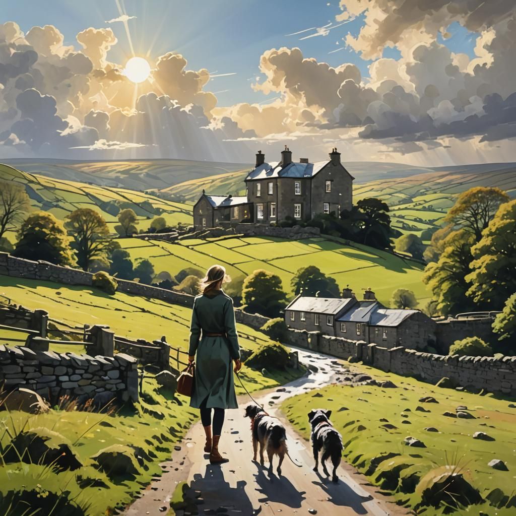 Yorkshire Dales House with Woman and Dog in Splash Art