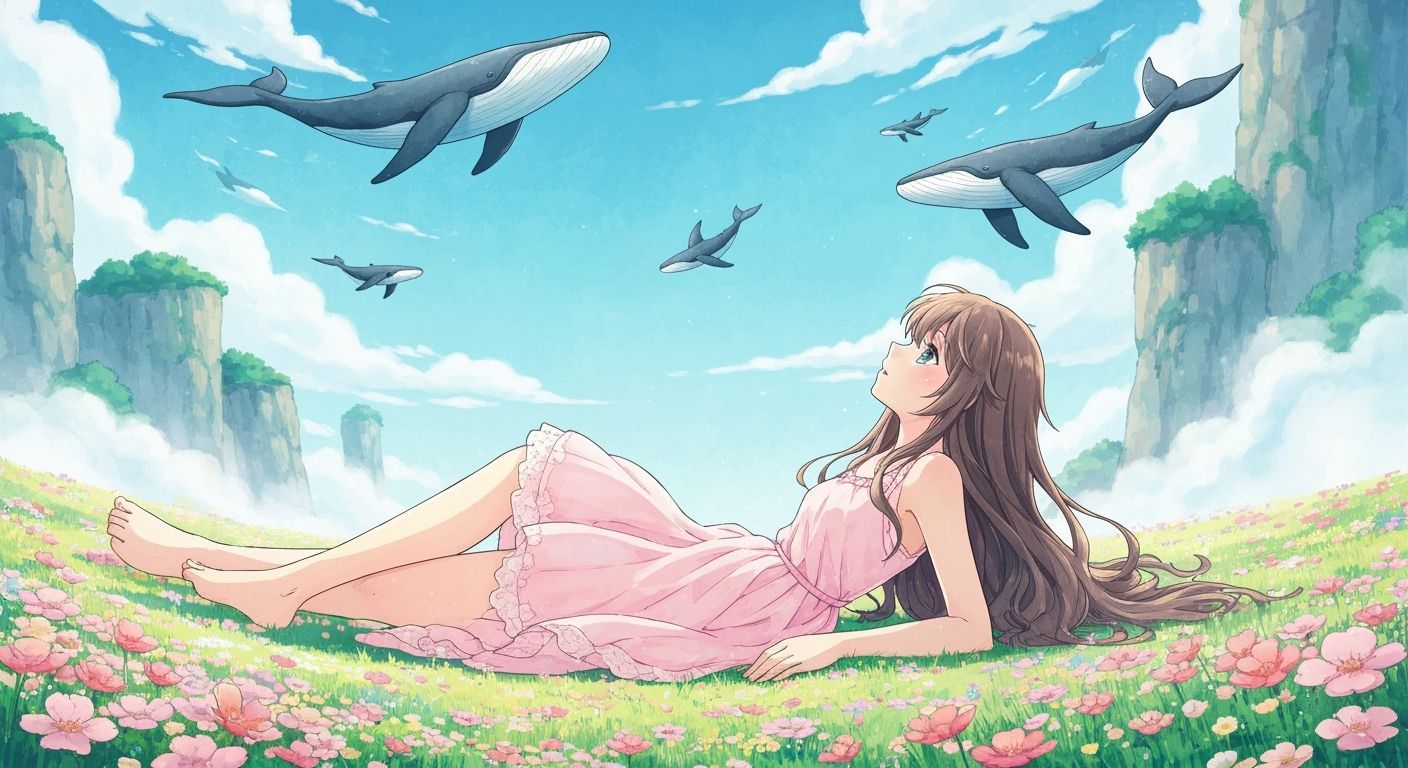 Anime Girl Watching Whales Fly Over Flower Field