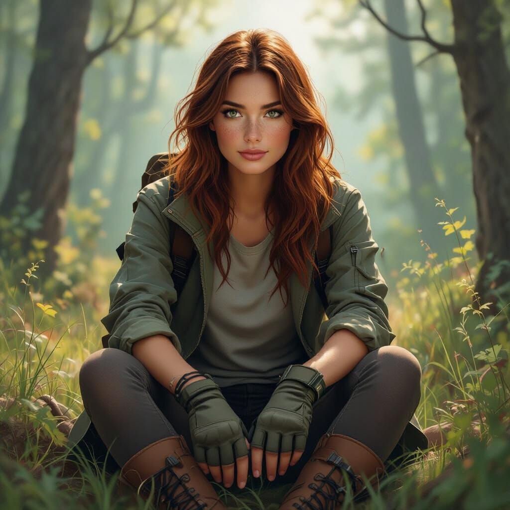 Red-Haired Woman in Fantasy Woods, Earthy Tones