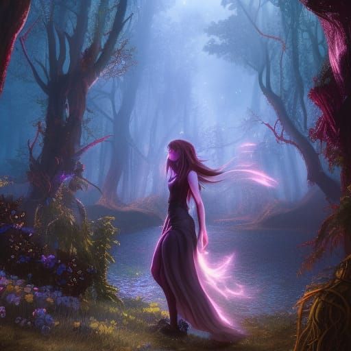 Wolf Girl in Dark Enchanted Forest: Detailed Matte Painting
