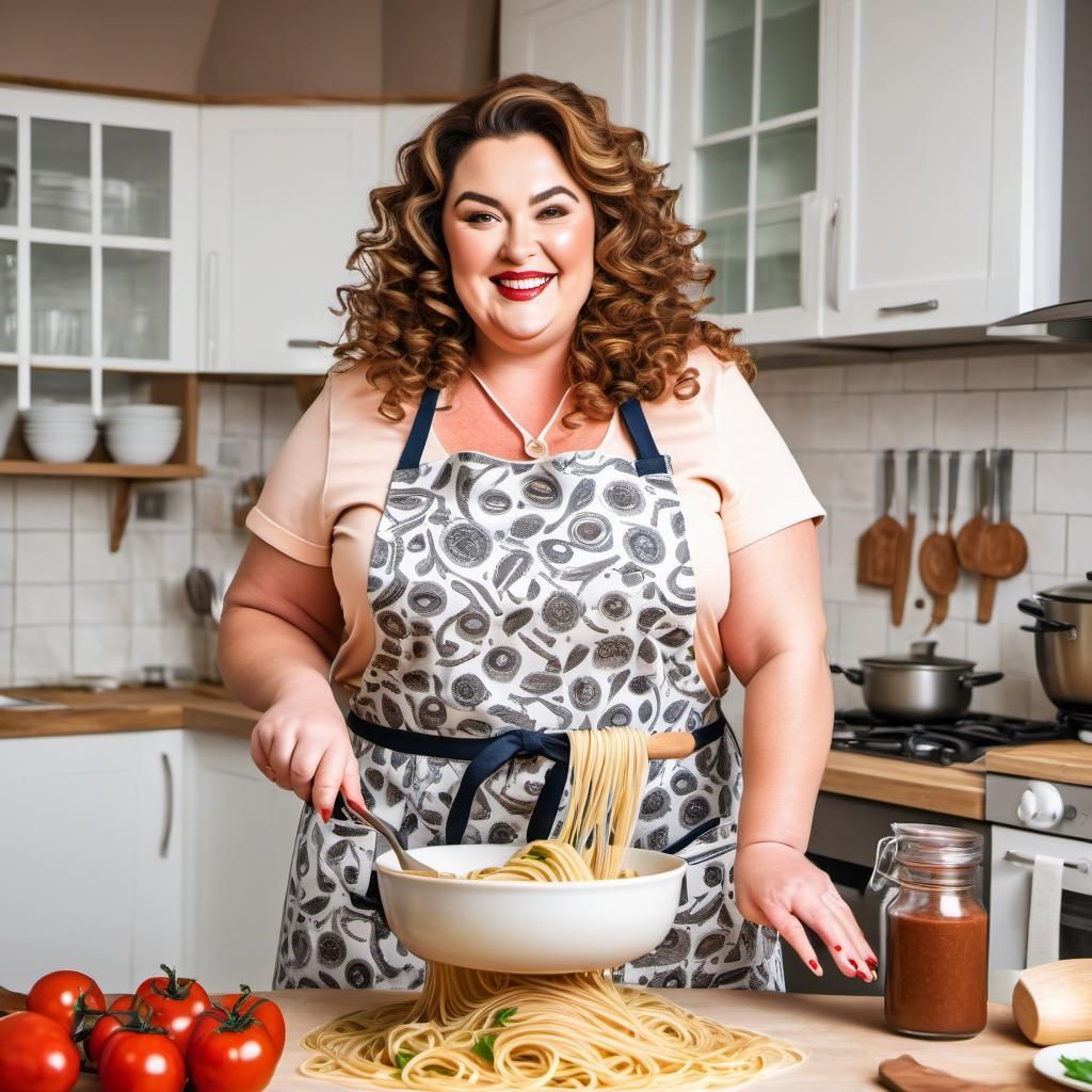 Curvy Woman Making Spaghetti in Detailed Kitchen