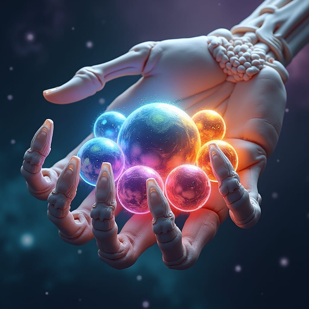 Skeletal Hand Holding Gaseous Planets, Ethereal Concept Art