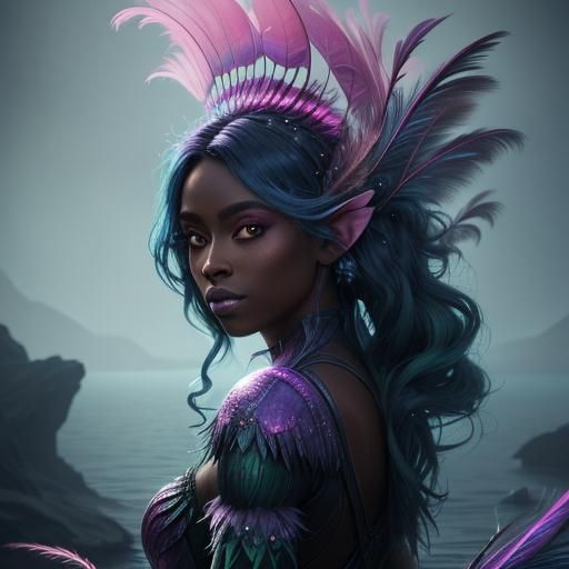 Mermaid with Pink Peacock Feather Tail, Fantasy Art