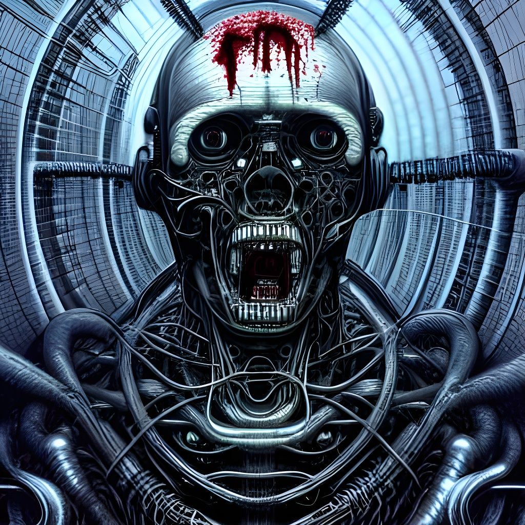 Horrifying Biomechanical Cyborg Android in Biopunk Style