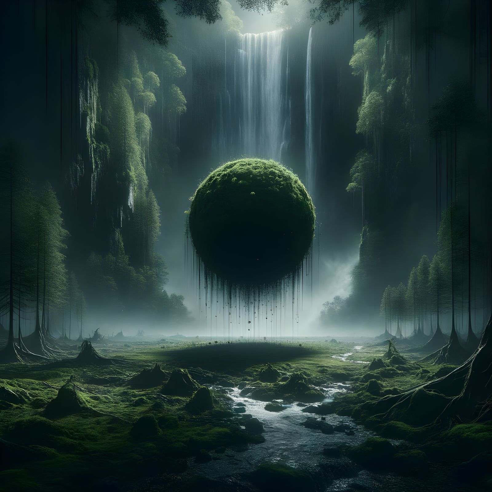 Mysterious Orb Above Dark Forest in 8k Resolution
