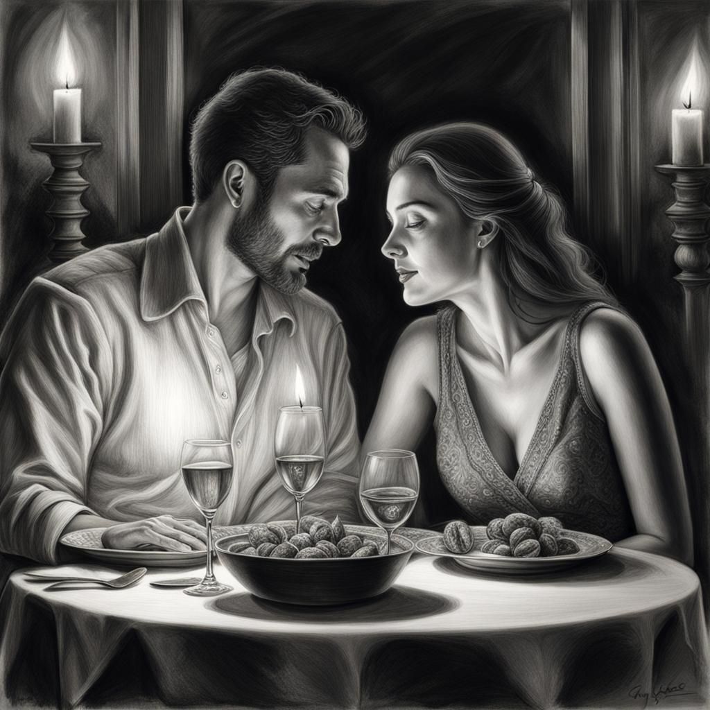 Romantic Candlelight Embrace in Charcoal Drawing