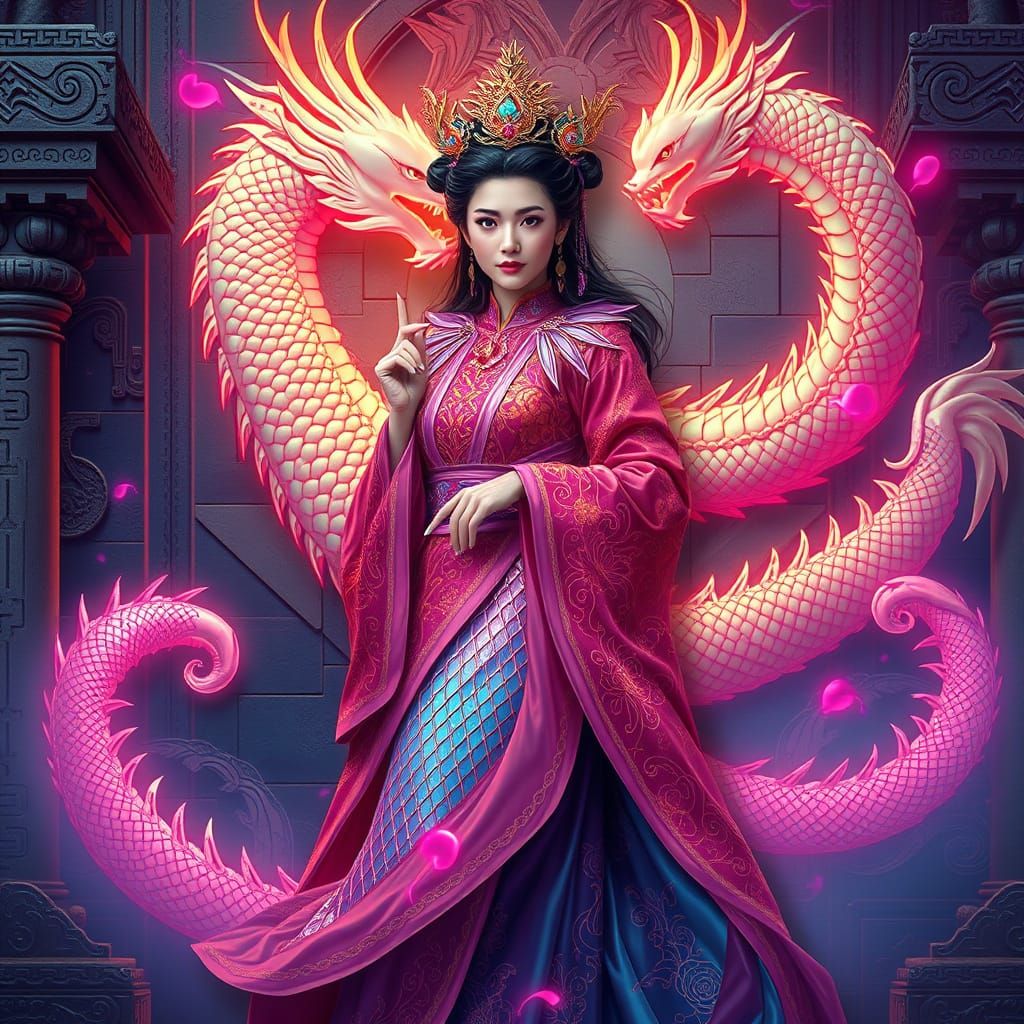 A celestial empress with a long robe embroidered with vibrant dragon scales stands at the center of an ancient temple. H...