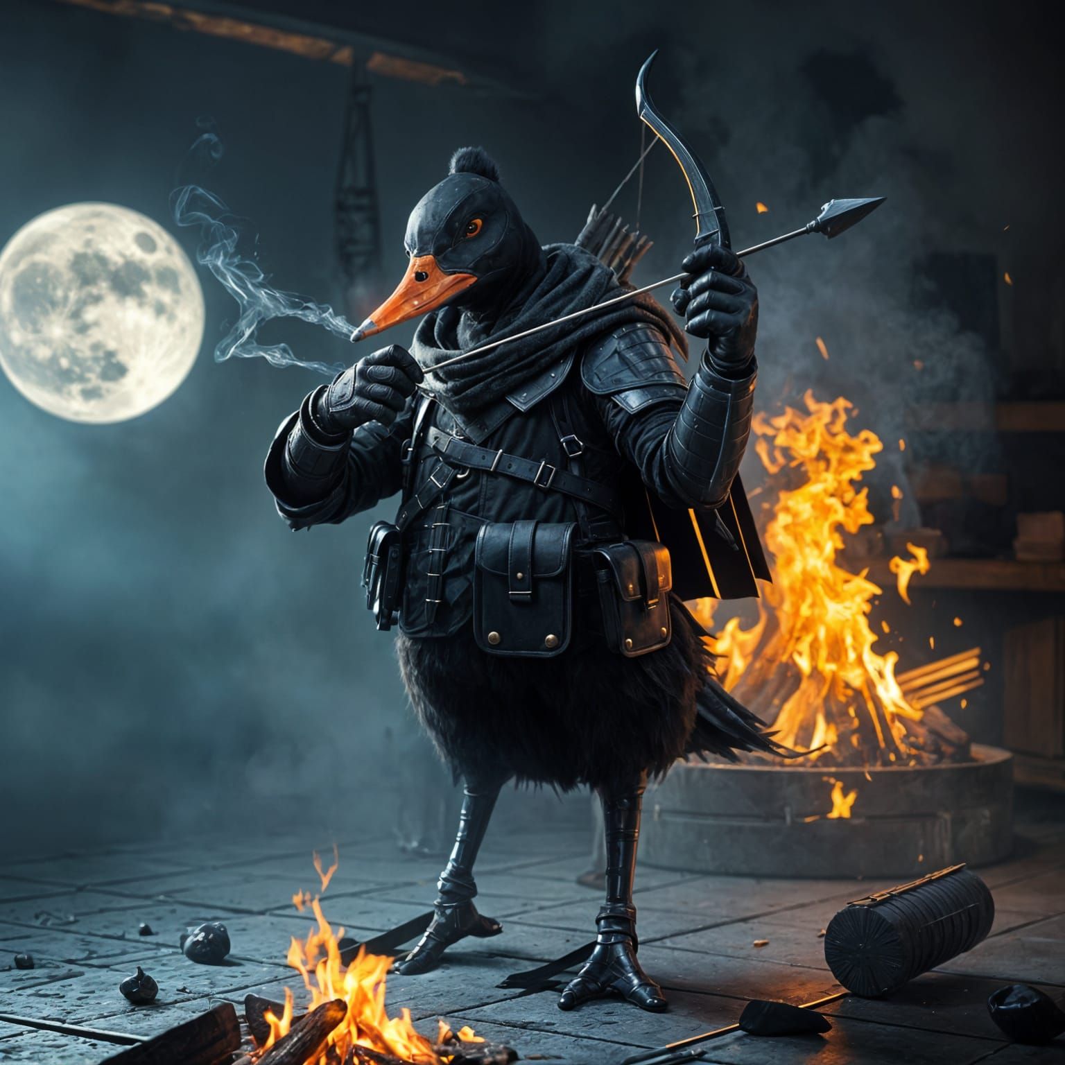 Stealthy Black Duck Warrior in Ninja Armor Draws Bow Under F...