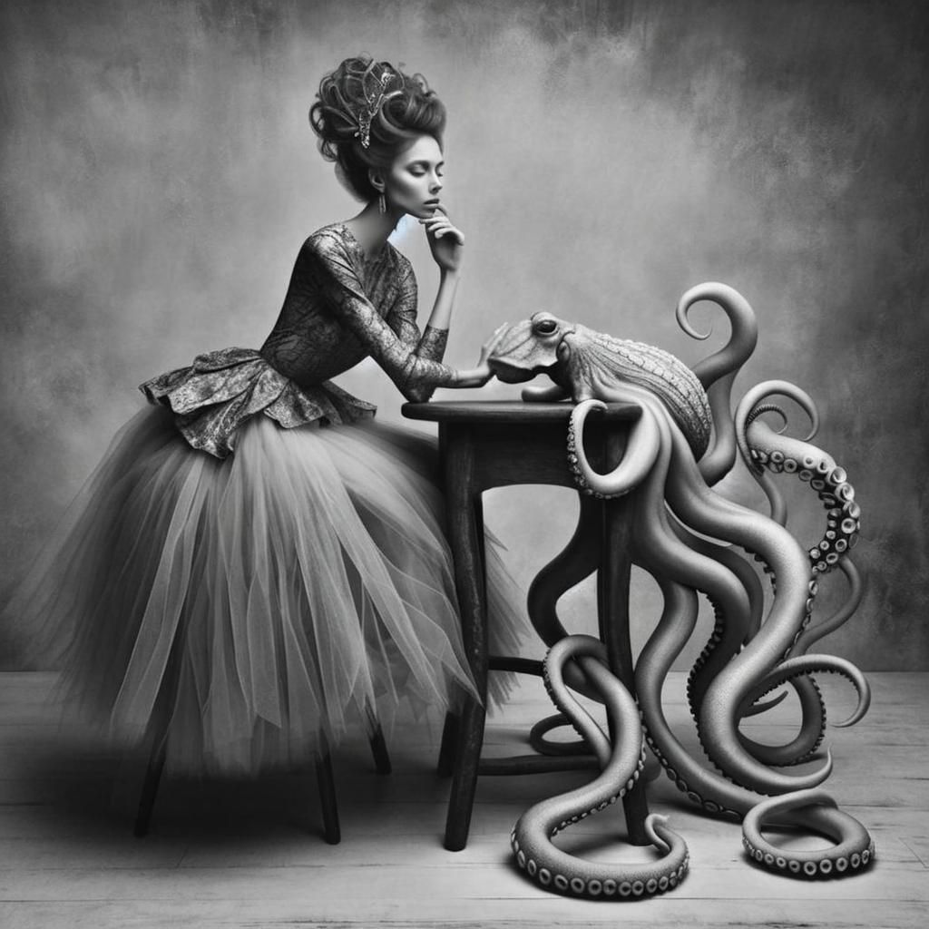 Monochrome Surreal Scene with Woman on Tentacle Stool