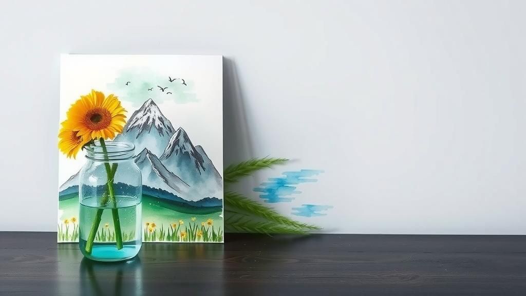 Sunflowers in Jar with Seascape Painting