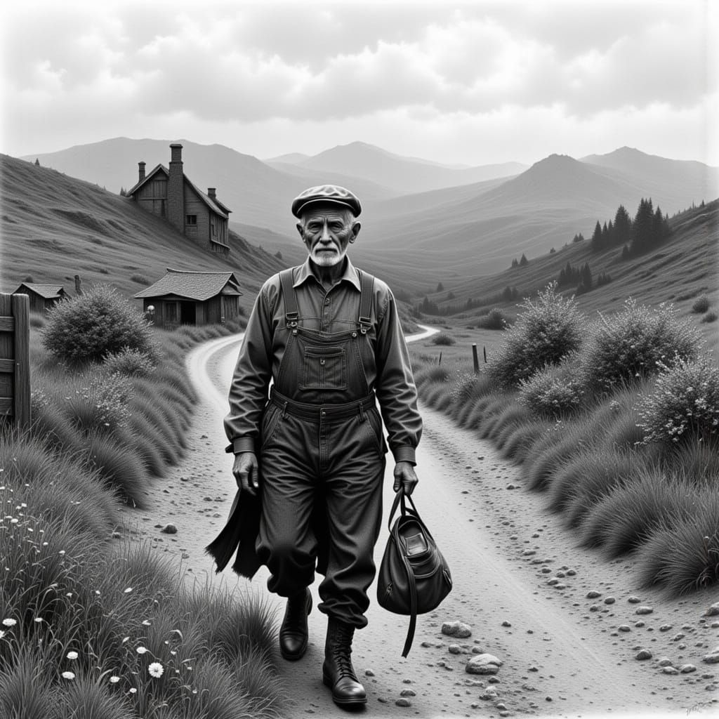 Elderly Man on Country Road in Charcoal Style