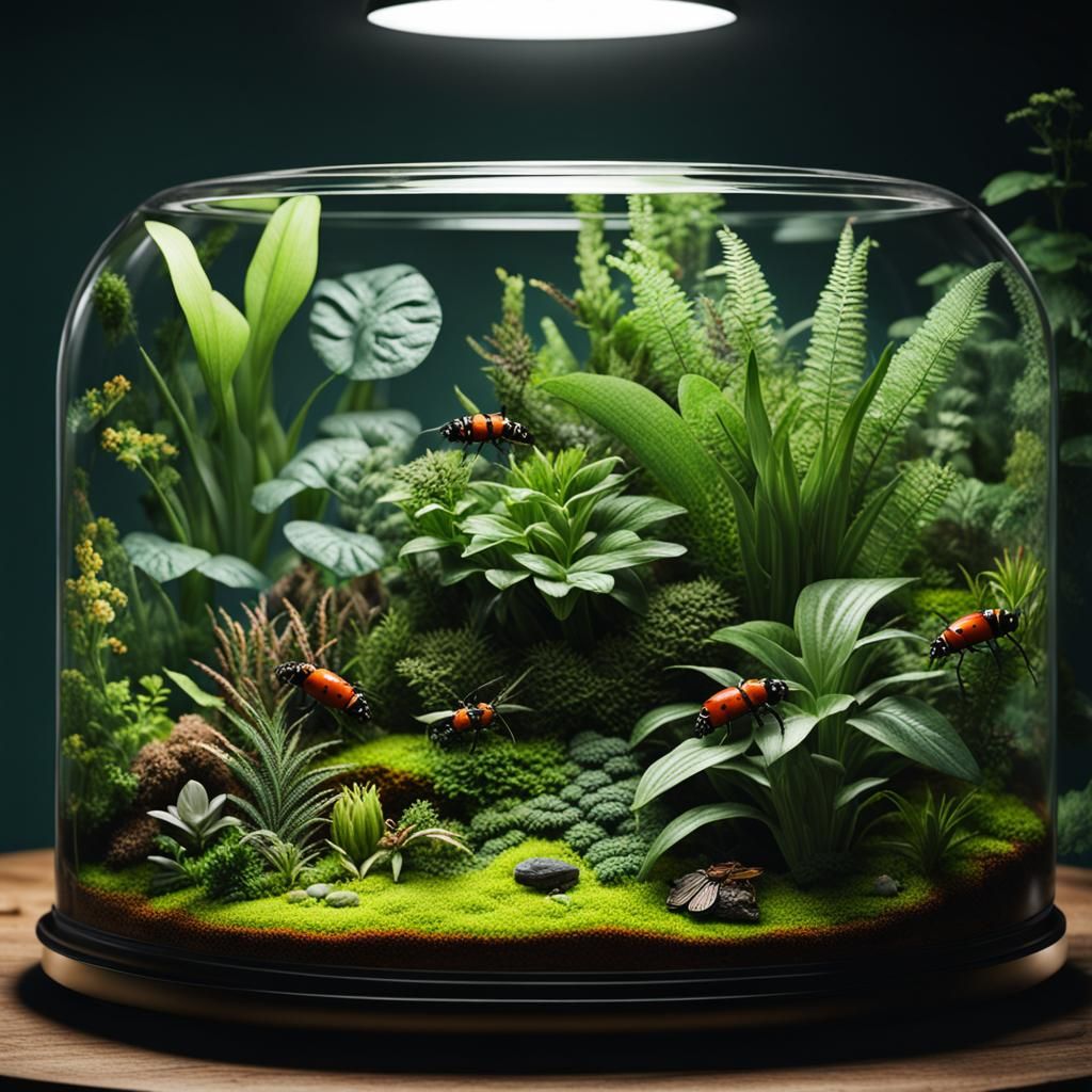 Photorealistic Terrarium with Plants and Insects