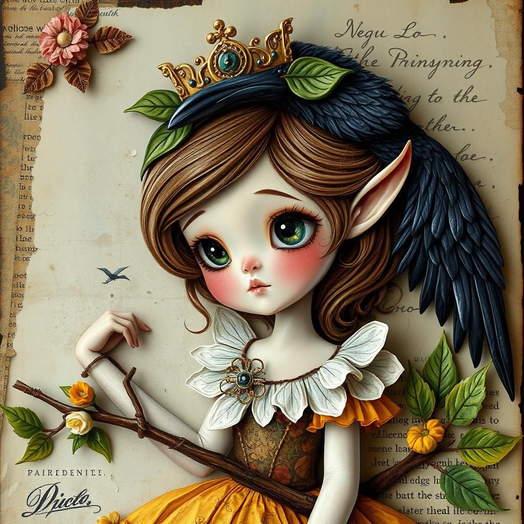 Leaf Crown Princess Collage in Mixed-Media Style