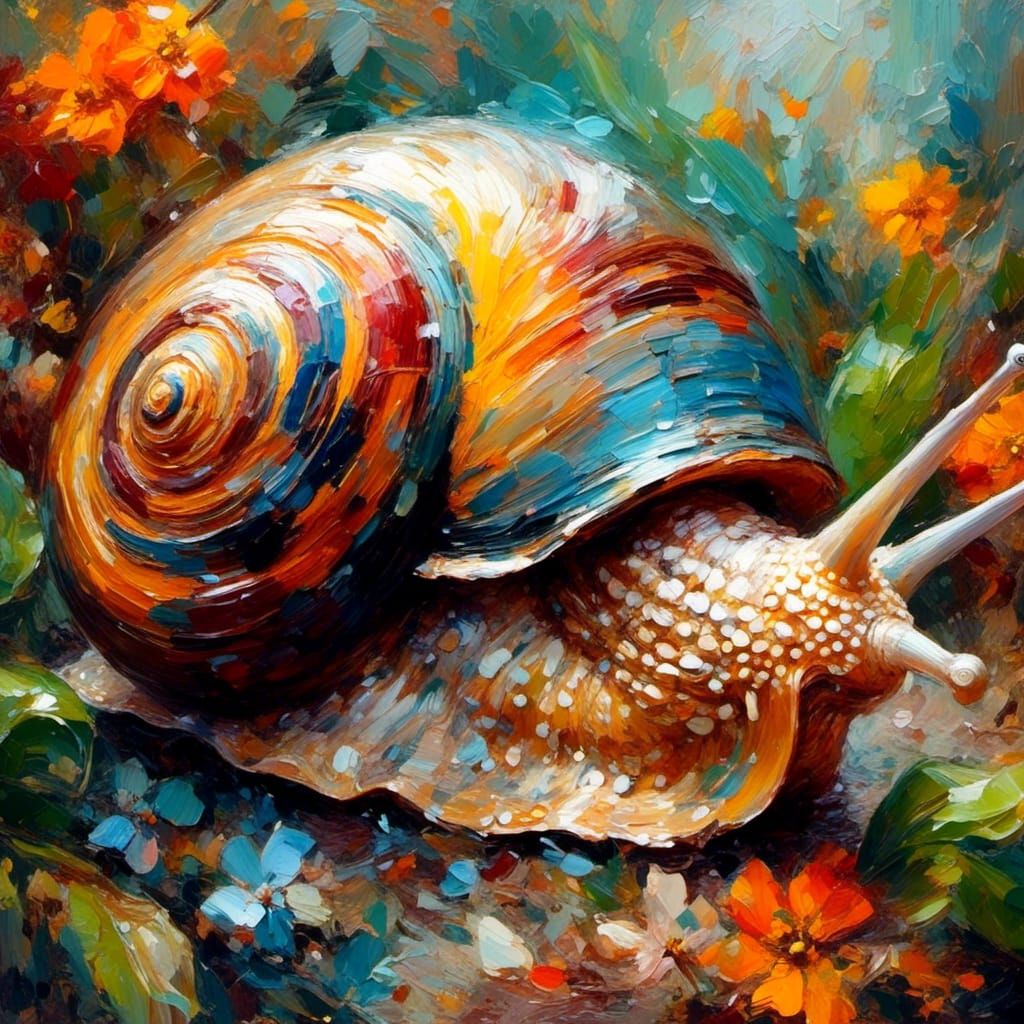Expressionist Snail in Garden, Alla Prima Oil Painting