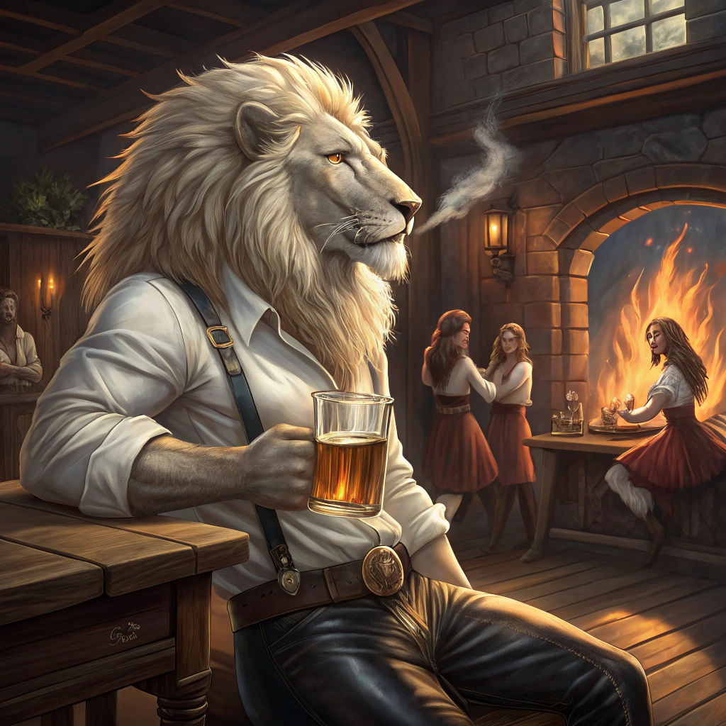 White Lion Enjoying Whiskey in Fantasy Pub Setting