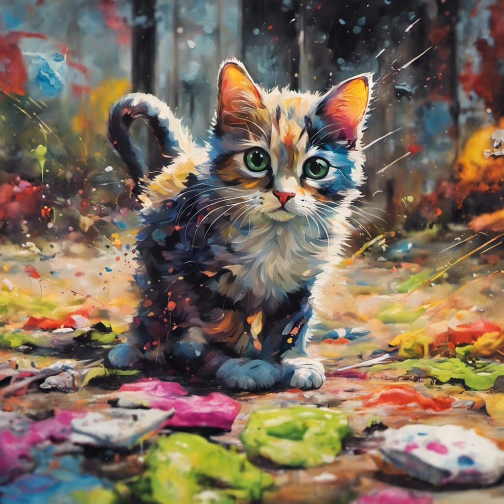 Cute Cat on Farm in Graffiti Splash Art Style