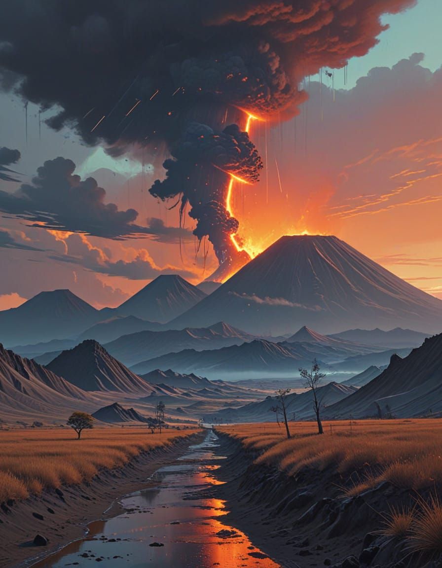 Majestic Volcanic Landscape with Blazing Lava Eruptions in a...