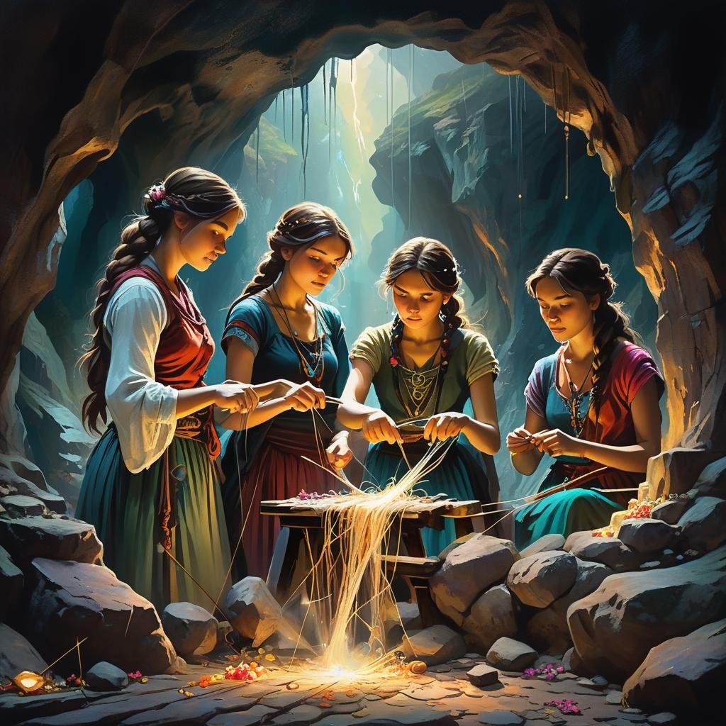 Mystical Weavers of Fate in Gilded Cave