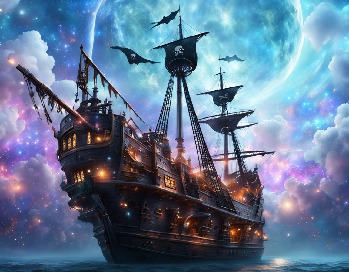 Pirate Ship Soaring Through Starry Galaxy: Digital Matte Pai...