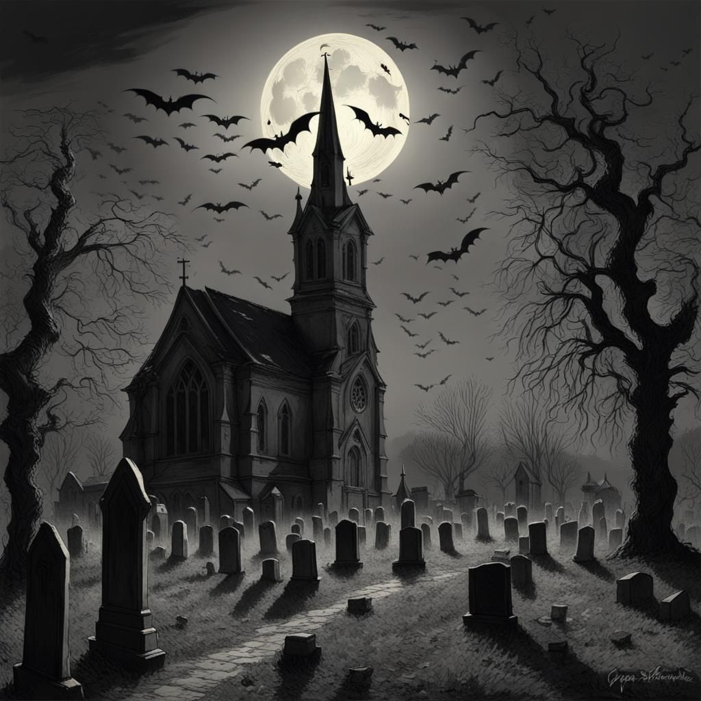 Haunted Graveyard with Church in Horror Style