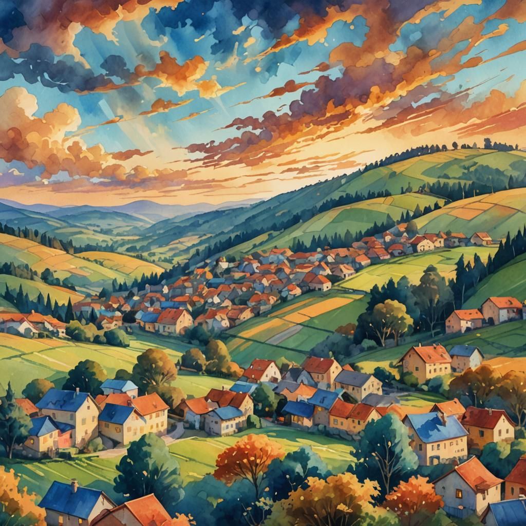 Village Sunset in Digital Watercolor Painting Style