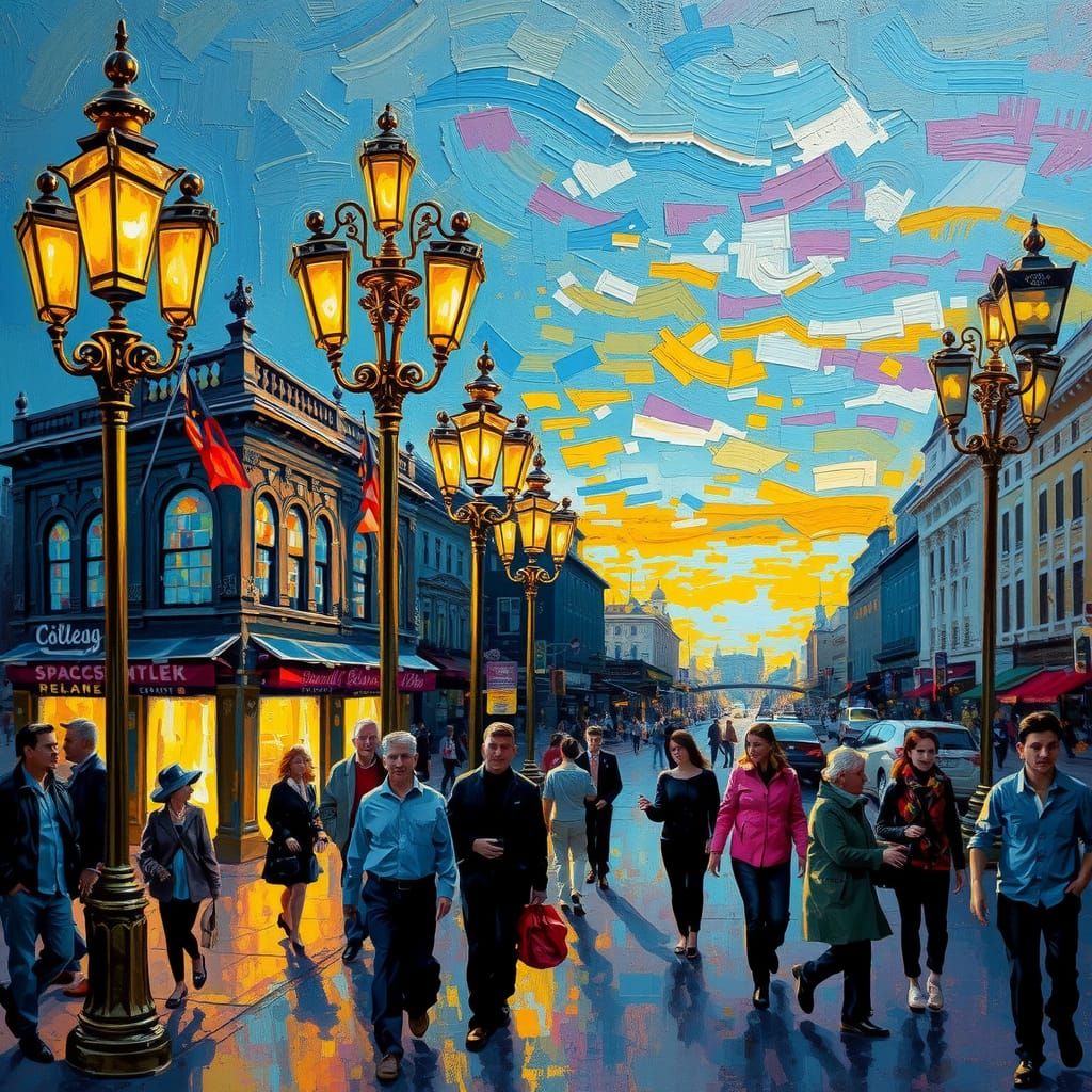 Impasto Cityscape at Dusk with Golden Light