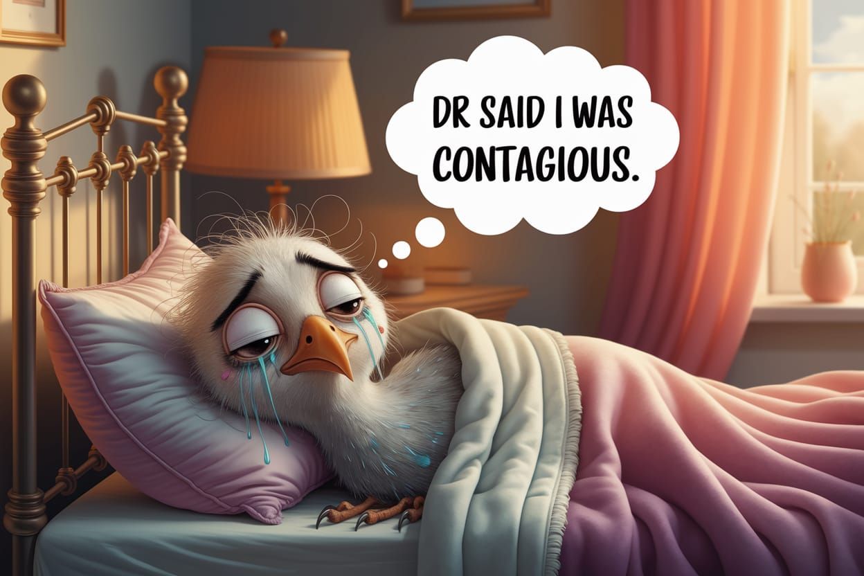 Sick Bird in Bed with Thought Bubble