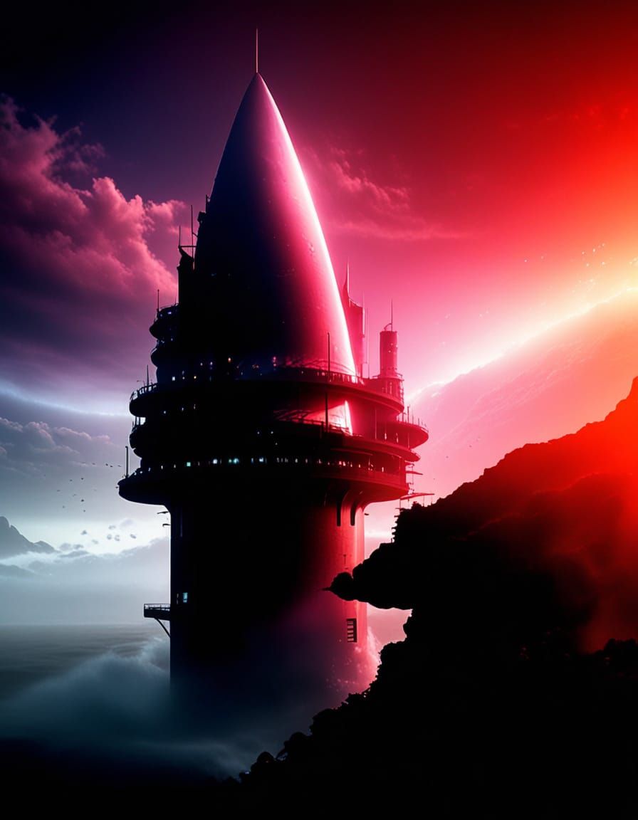 Epic Sci-Fi Pink Spiral Tower in the Ocean