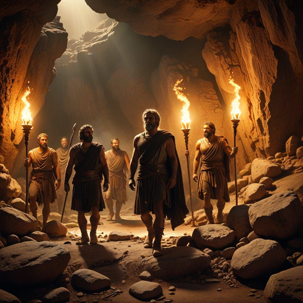 Odysseus and Crew Enter Cave in Mythic Realism