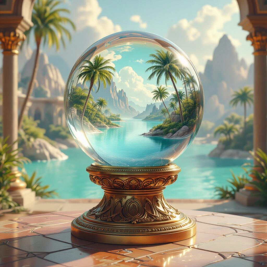 Crystal Ball Reveals Lush Desert Oasis in Surreal Style