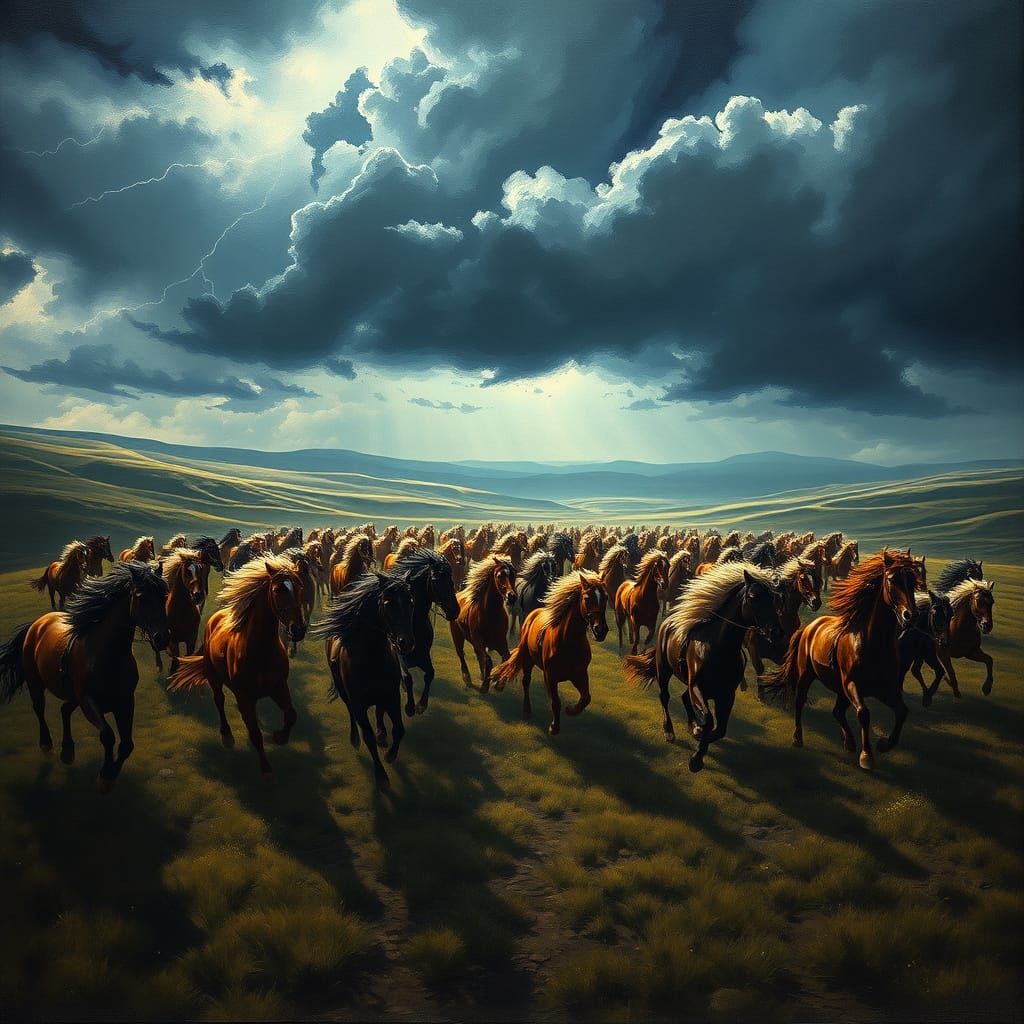 Epic Oil Painting of Horse Herd in Medieval Storm