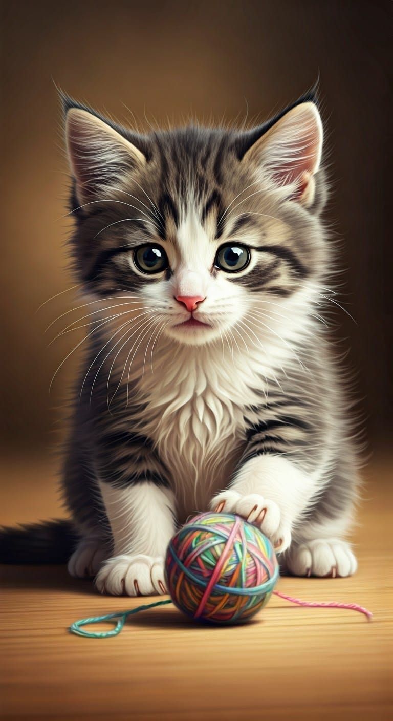 Surreal Whimsical Kitten Plays with Vibrant Ball of Wool
