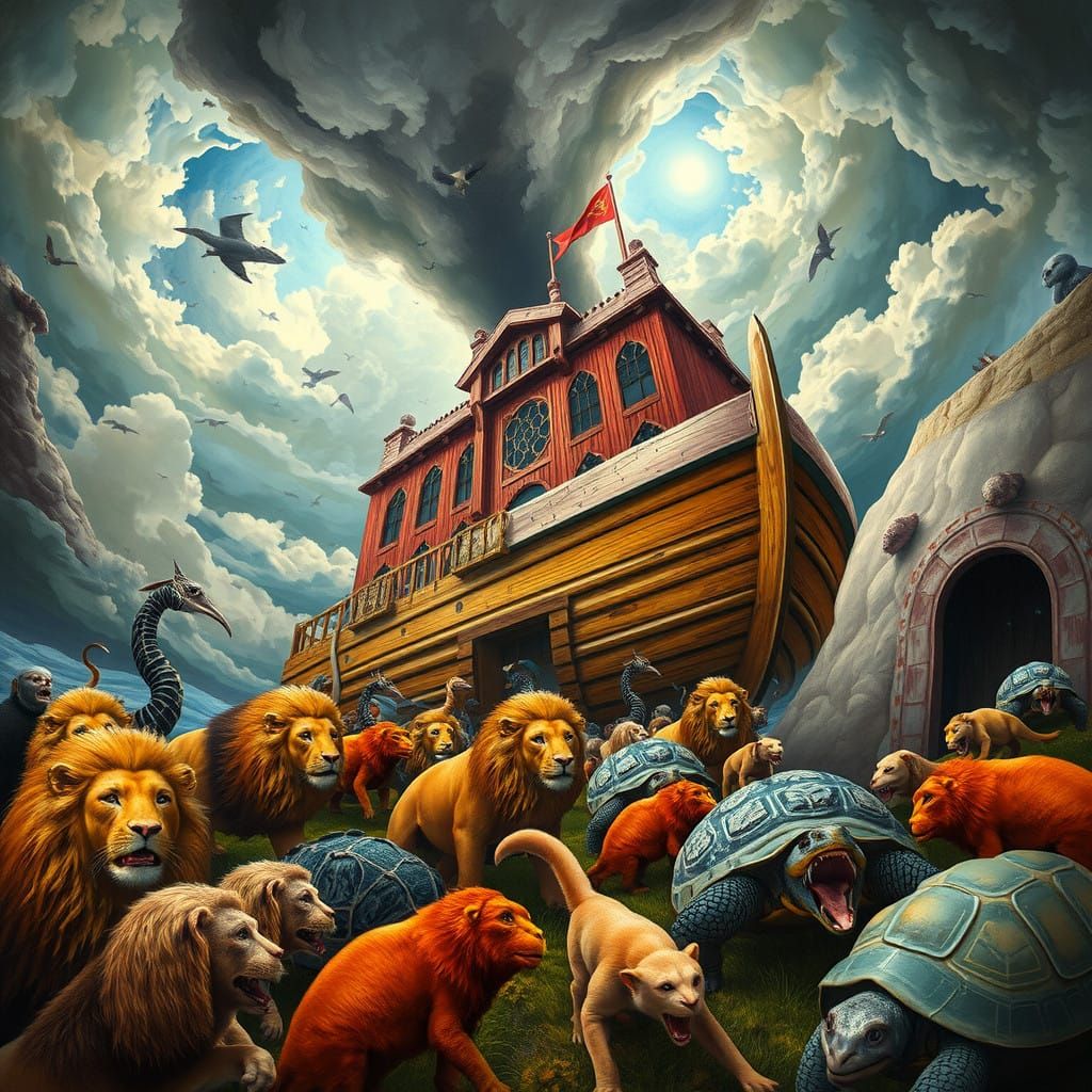 Majestic Ark in Medieval Manuscript Style, Surrounded by Fan...