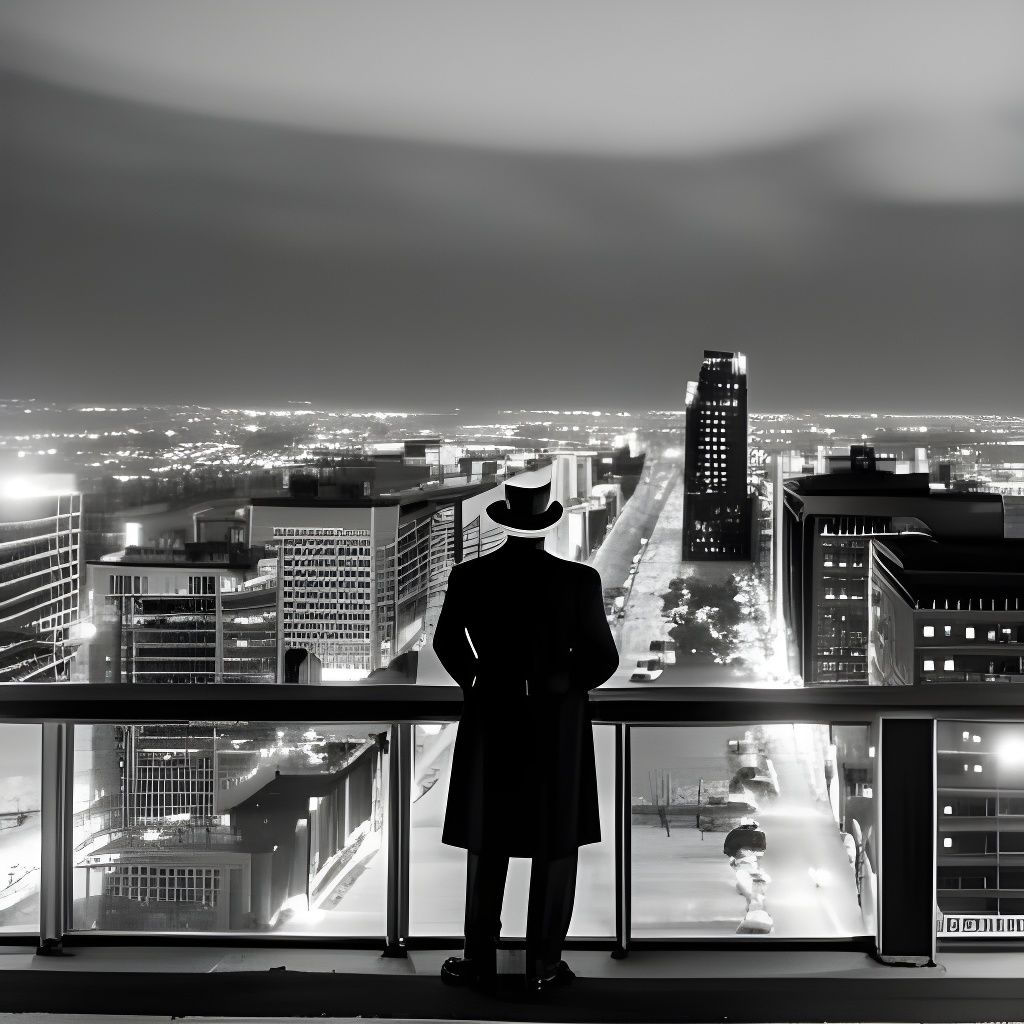 Film Noir Detective Overlooking City at Night