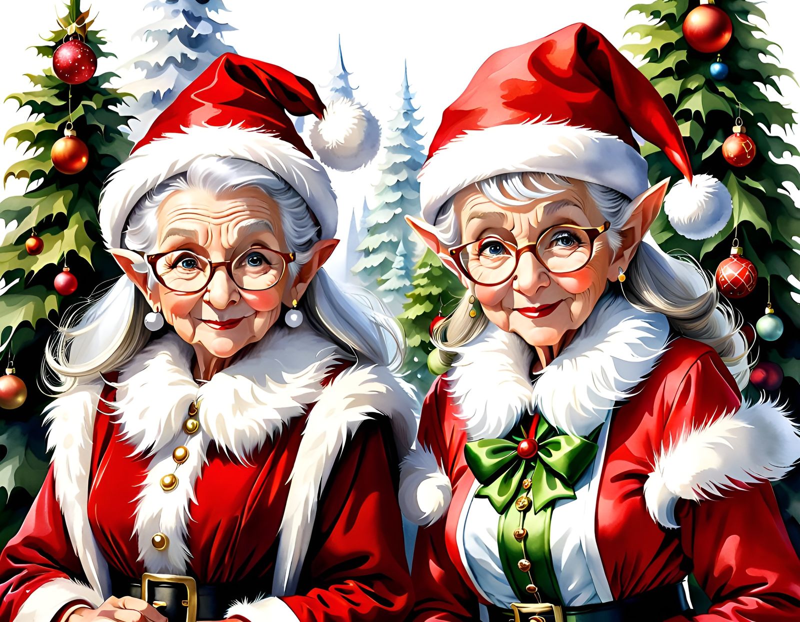 Whimsical Watercolor of Santa's Elderly Grandma Elves