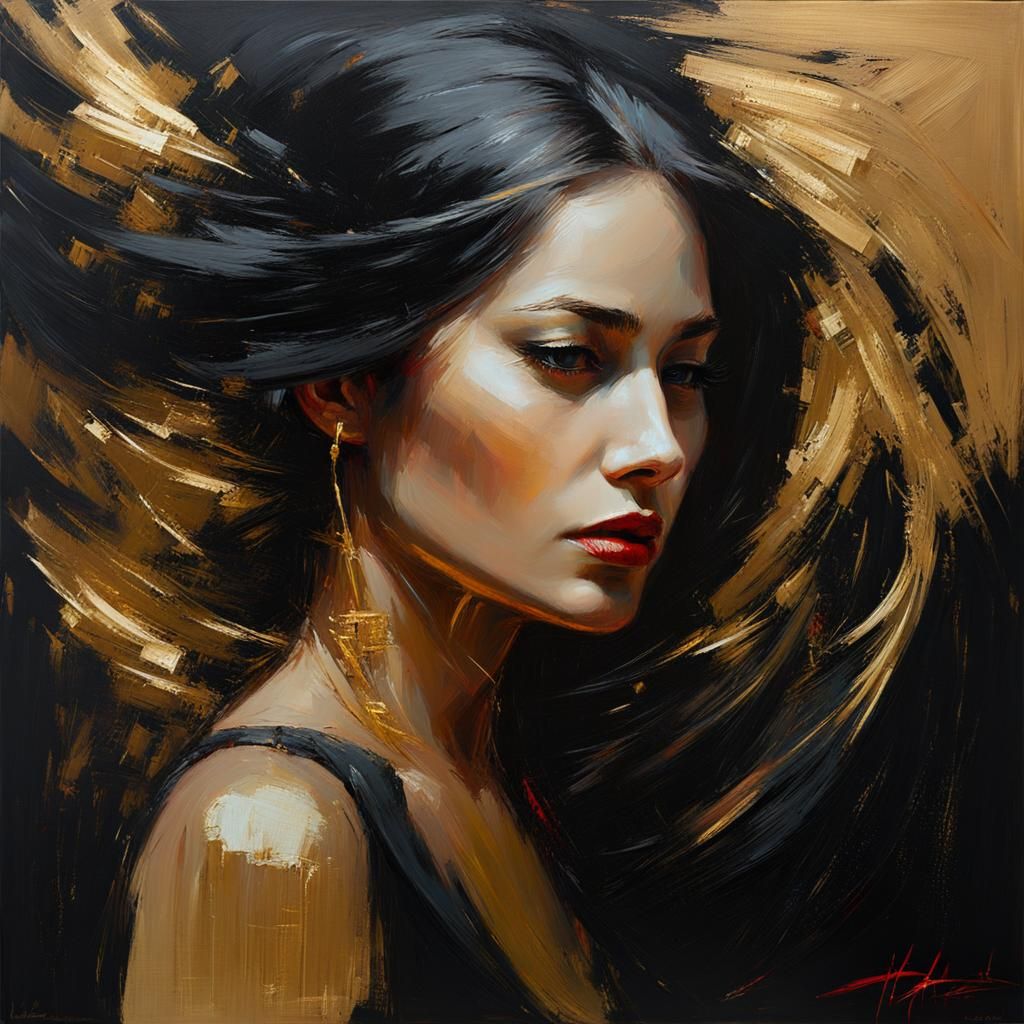 Golden Black Portrait in Grimdark Impasto Style