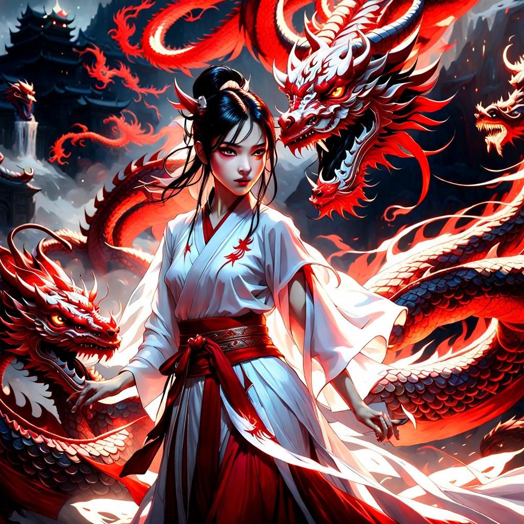 Luminous Asian Demon Girl with Dragon in Luminism Style