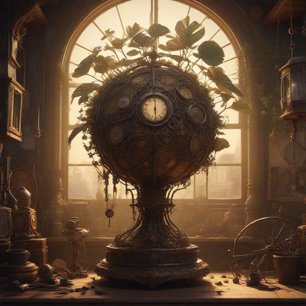 Surreal folk art. Medium shot. A jequirity plant, its seeds and vines entwined with various objects, in a fantastical, d...