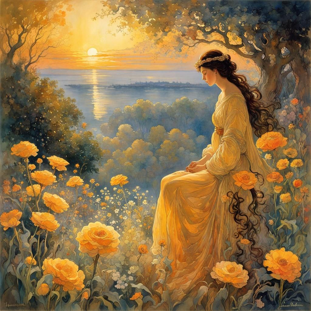 Ethereal Woman in Eden: Watercolor Fantasy Painting