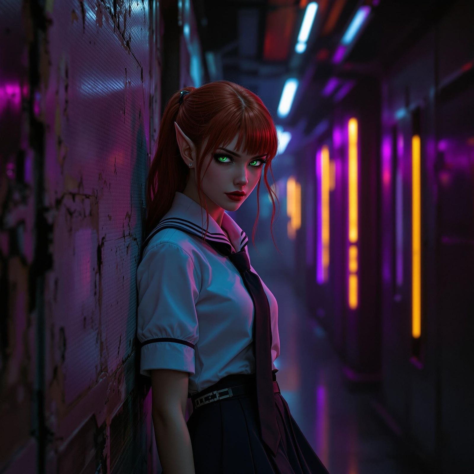 Confident Red-Haired Elf Girl Exudes Sultry Energy in Futuri...