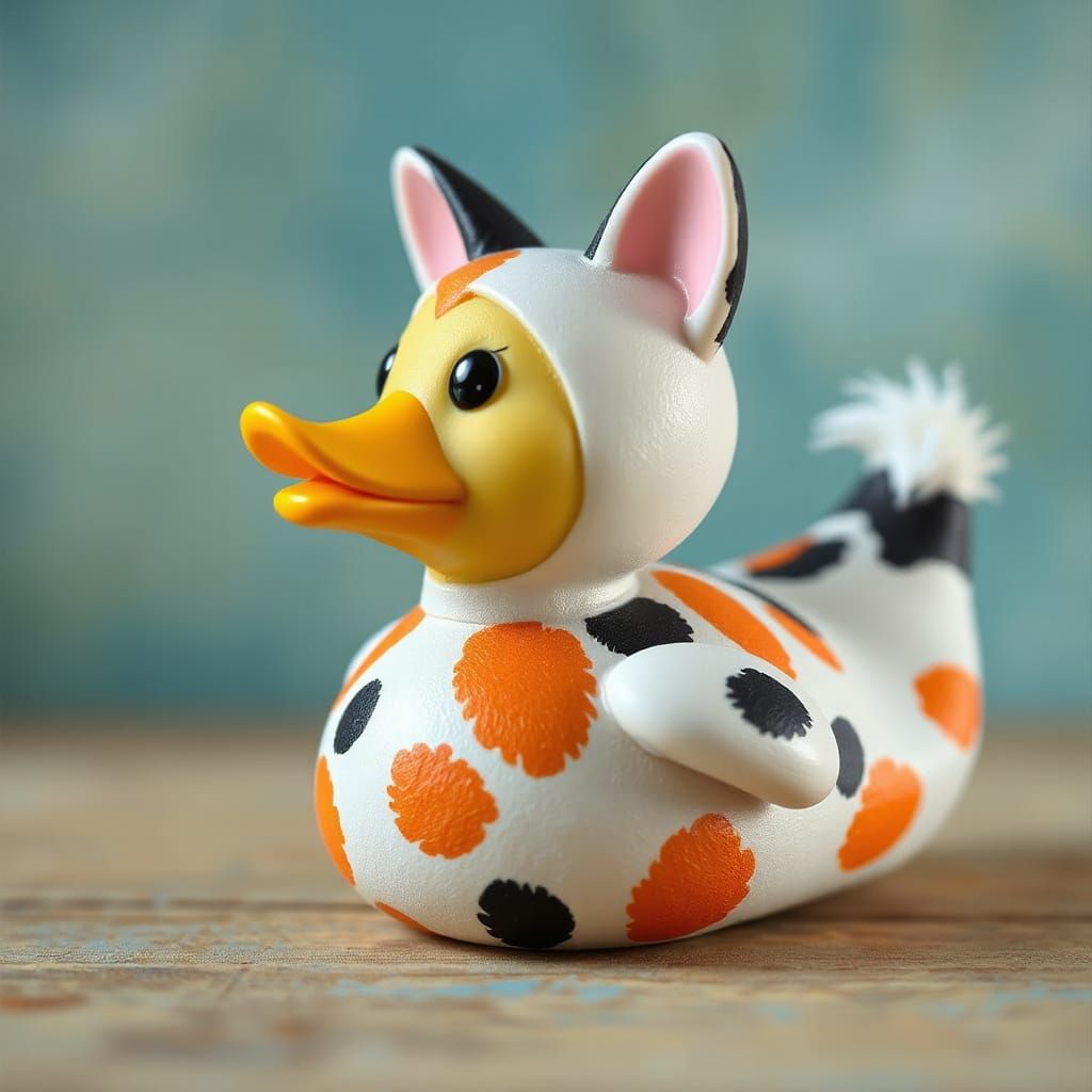 Rubber Duck in Calico Cat Costume: Whimsical Illustration